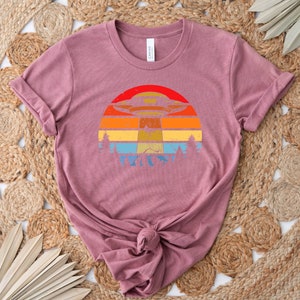 May include: A mauve t-shirt with a vintage-style graphic of a UFO flying over a sunset. The graphic is in shades of orange, yellow, blue, and green.