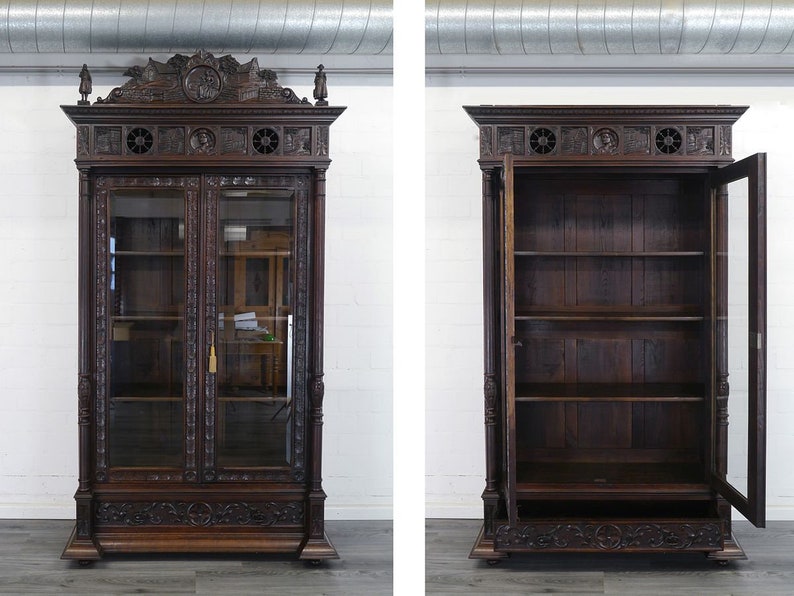 Antiker Vitrinenschrank bretonisch Gründerzeit um 1880 Eiche dunkel B 136 cm 11346 Bild 2