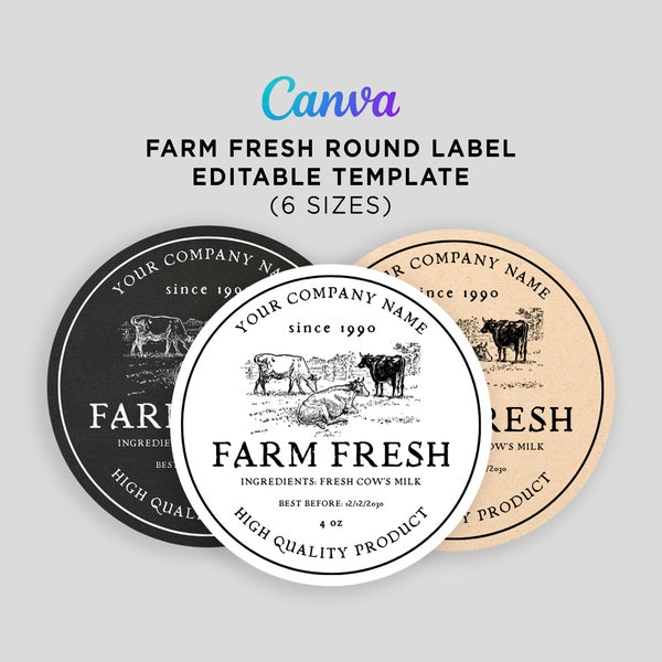 Farm Fresh Labels, Farm Template, Cow Printables, Farm Labels, Fresh Milk Labels, Milk Bottle Labels, Farmers Market Editable Template Canva