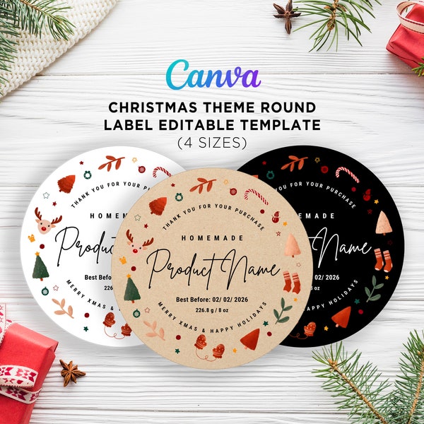 Christmas Theme Round Labels, Printable Christmas Round Tags, Christmas Canning Jar, Homemade Jam Labels Tags, Editable Template in Canva