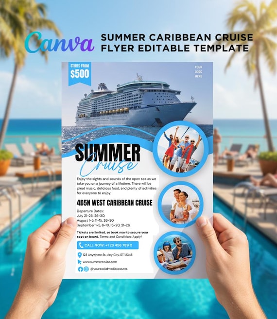 Caribbean Cruise Flyer, Summer Cruise Flyer, Royal Caribbean Cruise, Travel Flyers, Cruise Flyers, Summer Travel Template Editable Canva