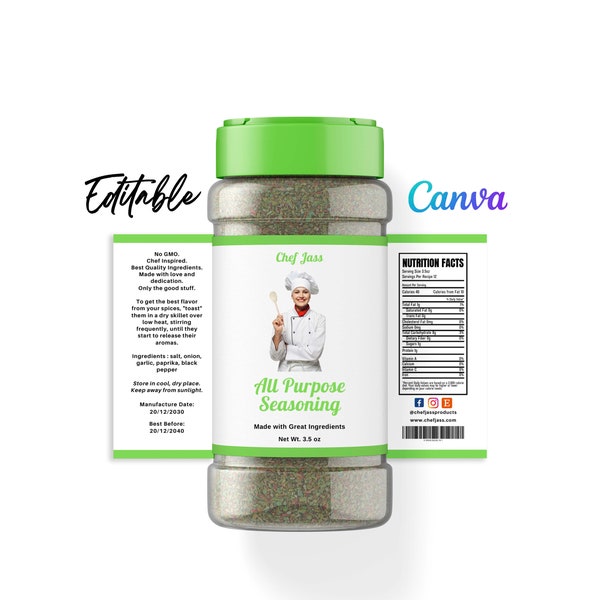 Chef Spice Labels, Custom Spice Label, Seasoning Labels, All Purpose Spice Bottle Labels, Herbs and Spice Jar Labels Editable Template Canva