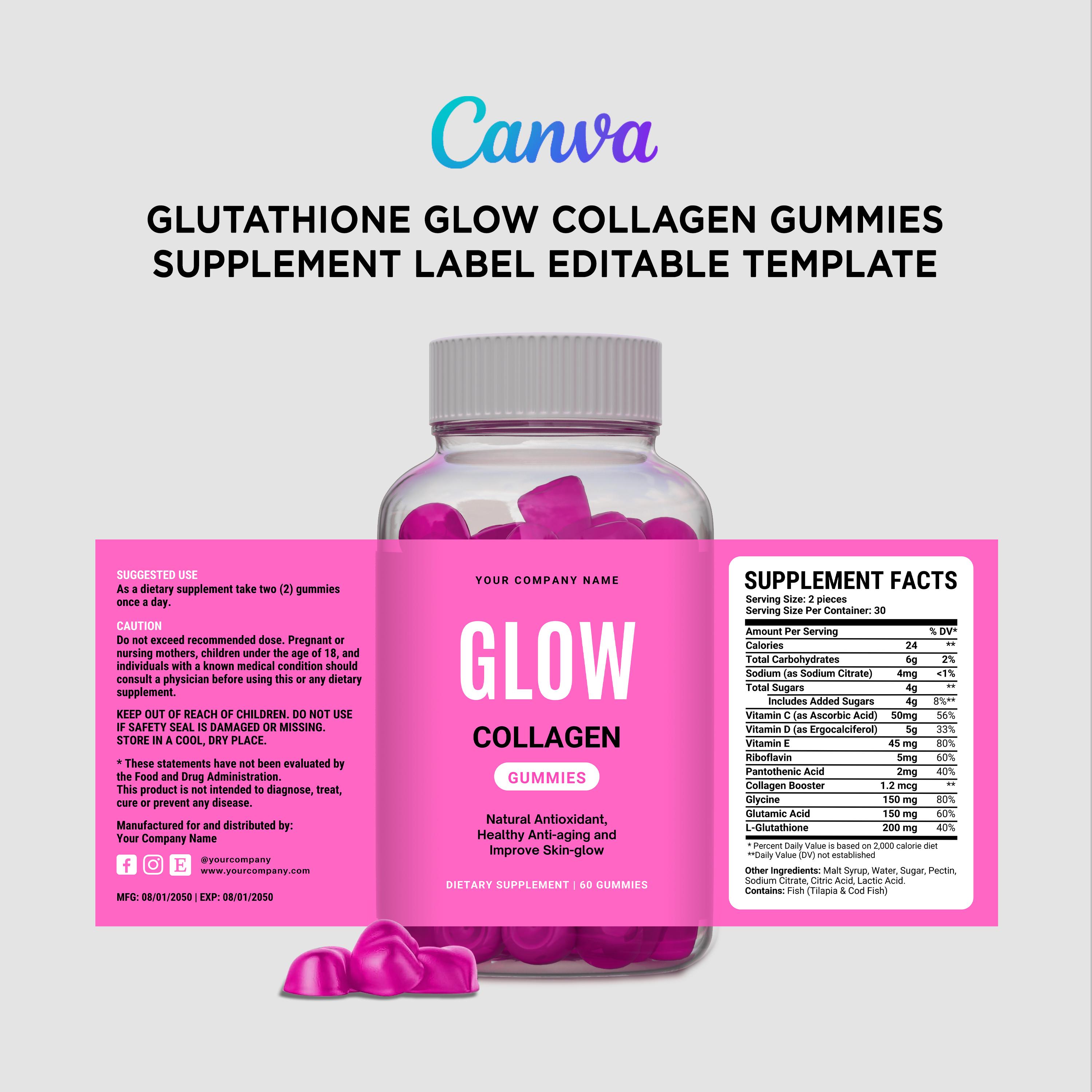 Glutathione Gummy Label, Glow Collagen Gummies Design, Skin Vitamin  Supplement Label, Editable Pill Bottle Supplement Facts Template Canva -  Etsy Israel