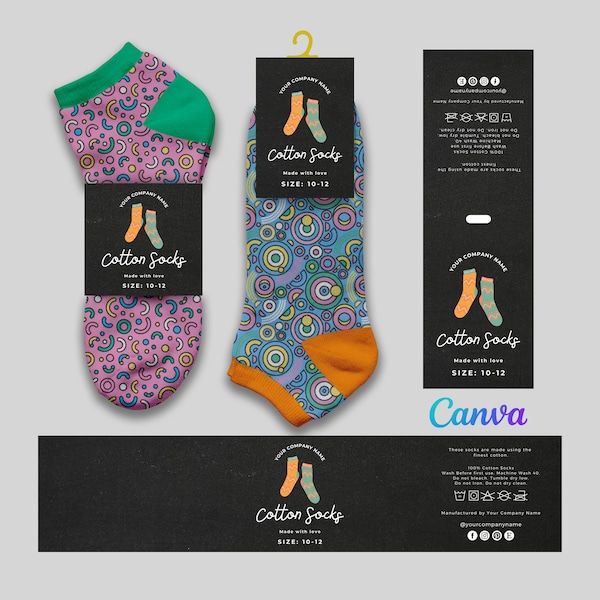 Printable Sock Wrap Labels, Black Cotton Socks Label Designs, Handmade Socks Labels, Socks Fold Label, Sock Tags, Editable Template at Canva