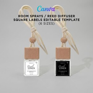 Printable square label template editable in Canva for car fresheners, room sprays, and reed diffusers, showing black and white layout options.