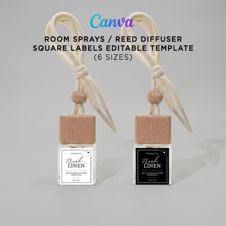 Printable square label template editable in Canva for car fresheners, room sprays, and reed diffusers, showing black and white layout options.