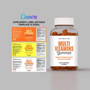 Multivitamins Labels, Gummies Label, Supplement Labels, Pill Bottle Labels, Dietary Supplement Design, Vitamin Template Editable Canva