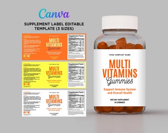Multivitamins Labels, Gummies Label, Supplement Labels, Pill Bottle Labels, Dietary Supplement Design, Vitamin Template Editable Canva