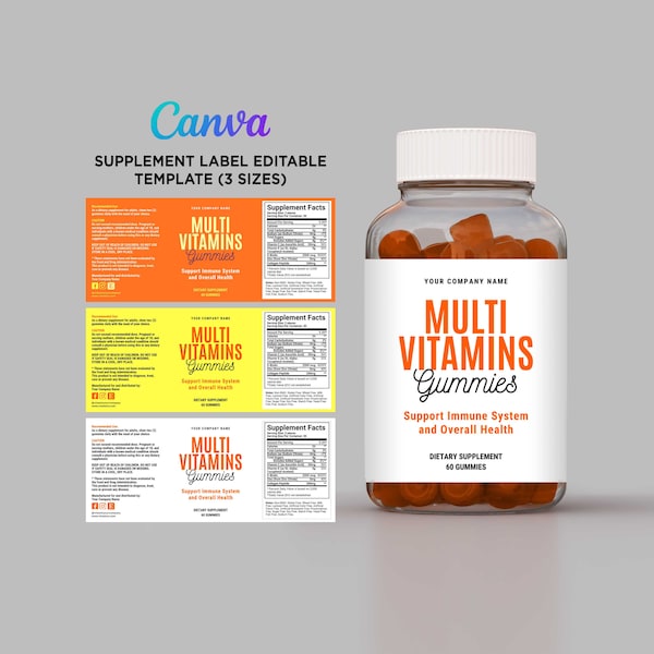 Multivitamins Labels, Gummies Label, Supplement Labels, Pill Bottle Labels, Dietary Supplement Design, Vitamin Template Editable Canva