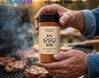 Printable Wrap Label for BBQ Rub, Barbeque Seasoning Label 8oz, 4oz Clear Bottle. BBQ Rub Label Sticker. BBQ Rub Editable Template at Canva.