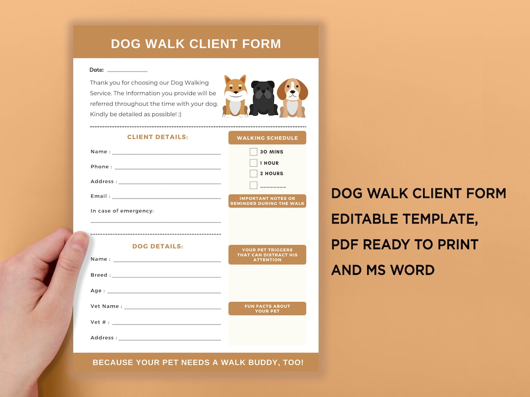 Printable Dog Walk Client Form, Dog Walk Service Dog Information, Dog
