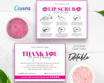 Lip Scrub Application Guide, How to Use Lip Scrub, Lip Scrub Thank You Card, Lip Scrub Instruction Guide Care Card Editable Template Canva