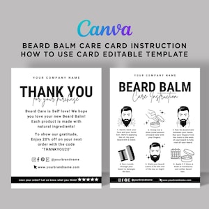 Printable Beard Balm Care Card, How to Use Beard Balm, Beard Balm Application Card, Beard Balm Instruction Card Editable Template Canva