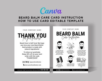 Printable Beard Balm Care Card, How to Use Beard Balm, Beard Balm Application Card, Beard Balm Instruction Card Editable Template Canva