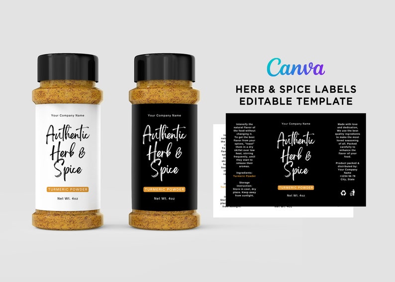 Tumeric Labels Printable Authentic Herb and Spice Label, Turmeric Powder Labels, Herb ...