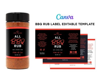 Könnte beinhalten: Ein Glas BBQ-Rub mit einem schwarzen Etikett und roten Akzenten. Auf dem Etikett steht "ALL BBQ RUB" und "Made with Love". Das Bild zeigt auch eine Vorlage mit dem Text "BBQ RUB LABEL EDITABLE TEMPLATE".