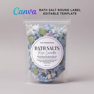 May include: A clear plastic bag filled with blue, purple, and green bath salts. A round label reads "Bath Salts Rose Lavender" with text about ingredients and use. The bag contains 8 oz of bath salts.