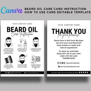 Beard Oil Care Card, Beard Oil Application Guide, Beard Care Gift Set Card, How to use Beard Oil, Beard Oil Card Template Editable at Canva