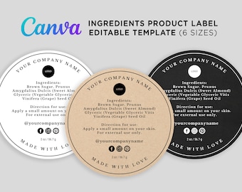 Printable Ingredients Product Label, Ingredients Back Circle Label, Direction for use, Custom Ingredients Label, Editable Template in Canva