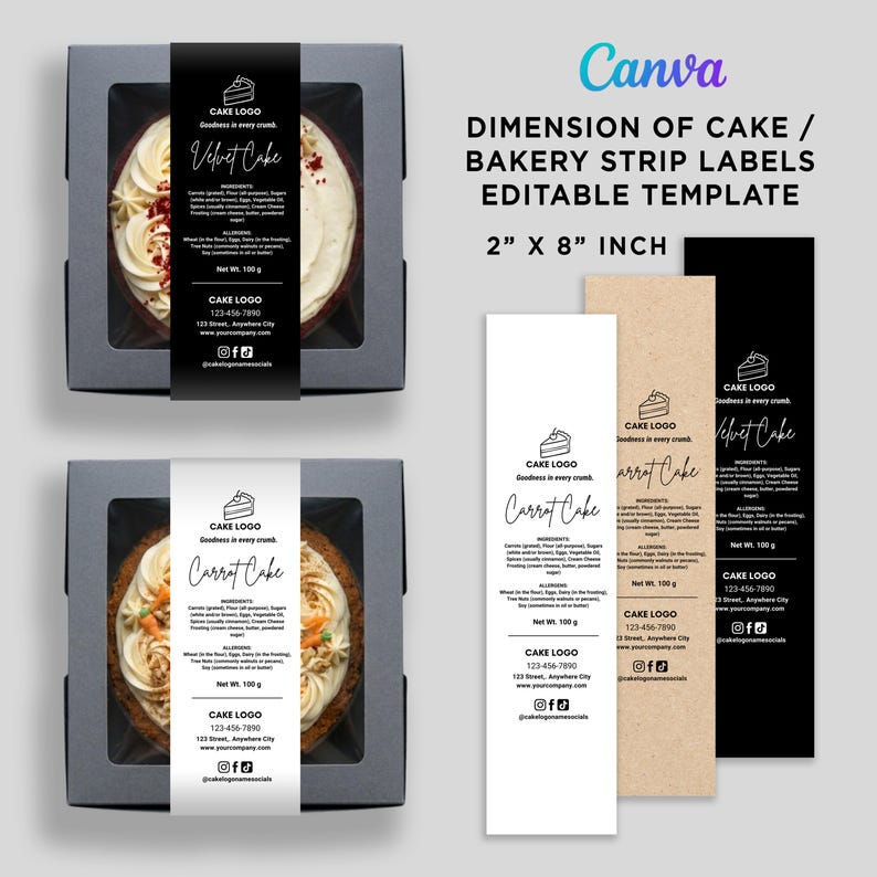 Bakery Strip Labels Template for Cakes and Cupcakes, Editable Canva ...