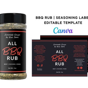 Printable BBQ Rub Wrap Label Sticker, BBQ Seasoning 8oz, 4oz Clear Bottle, Barbeque Seasoning, BBQ Label Sticker, Editable Template Canva.