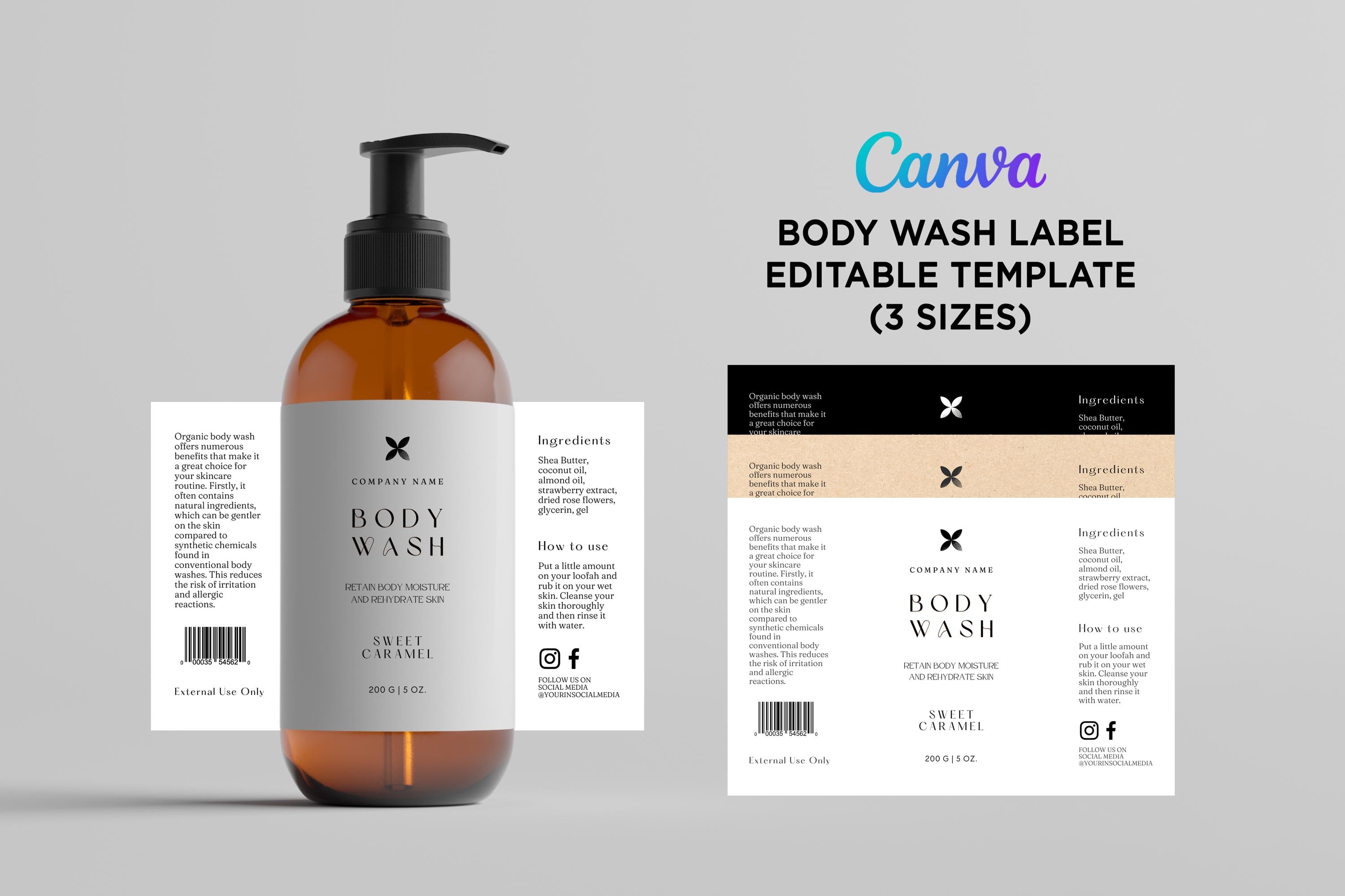 Pump Bottle Body Wash Label, Editable Body Care Product Packaging ...