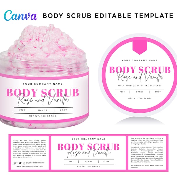 Bath Body Scrub Wrap Label Designs, Sugar Scrub Labels, Soak Salts Labels, Bath Scrub Stickers, Handmade Body Scrub Editable Template Canva