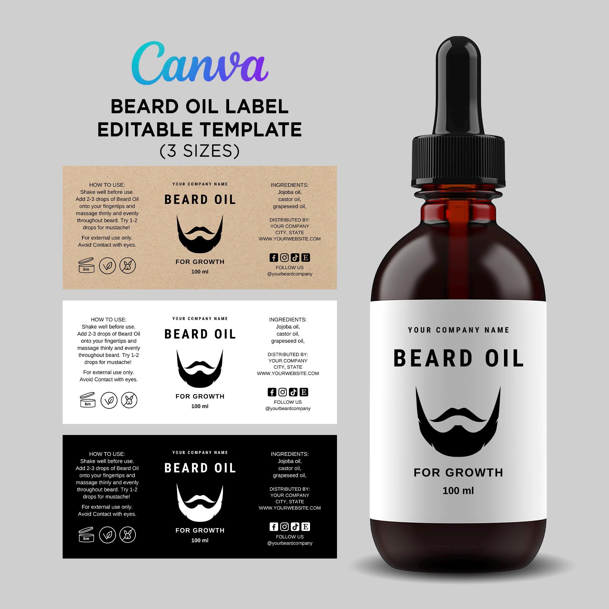 Editable Beard Oil Label Template Canva, Men's Grooming Product Label ...