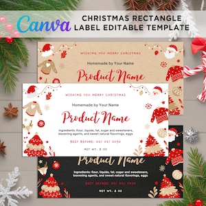 Christmas Labels, Christmas Rectangle Labels, Xmas Labels, Homemade Jar Labels, Christmas Jam Labels, Christmas Template Editable Canva