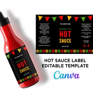 Hot Sauce Labels, Mexican Style Hot Sauce, Customize Hot Sauce Labels, Hot Sauce Wrap Label Design, Hot Sauce Label Editable Template Canva.