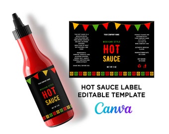 Hot Sauce Labels, Mexican Style Hot Sauce, Customize Hot Sauce Labels, Hot Sauce Wrap Label Design, Hot Sauce Label Editable Template Canva.