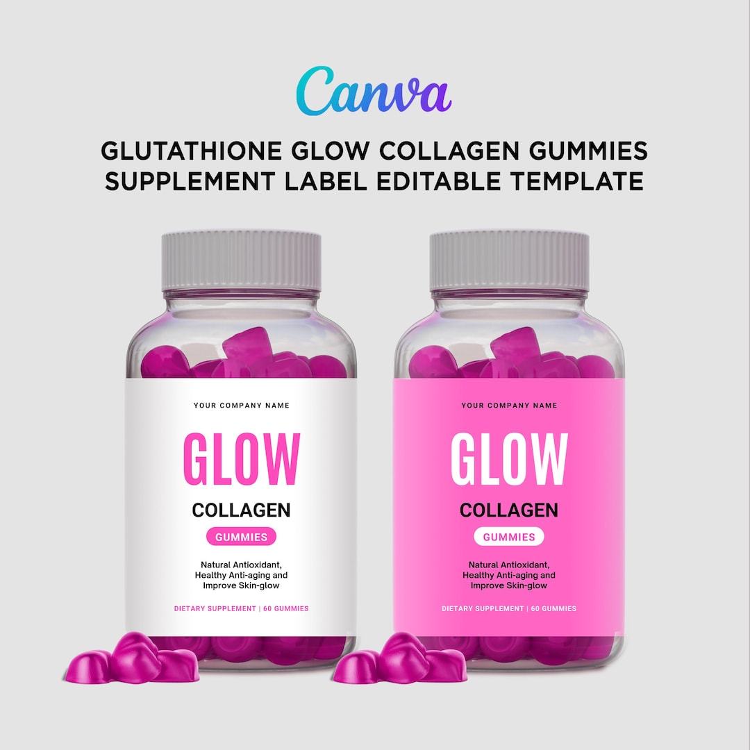 Glutathione Gummy Label, Glow Collagen Gummies Design, Skin Vitamin Supplement Label, Editable Pill Bottle Supplement Facts Template Canva