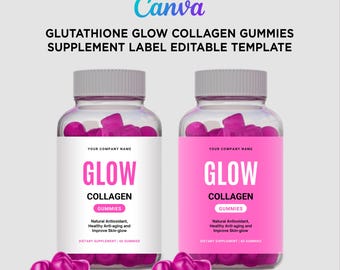 Glutathione Gummy Label, Glow Collagen Gummies Design, Skin Vitamin Supplement Label, Editable Pill Bottle Supplement Facts Template Canva