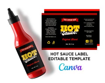 Hot Sauce Label Template Canva, Editable DIY Hot Sauce Bottle Label, Sriracha Style Sauce Label, Bold Red and Black Food Packaging Design