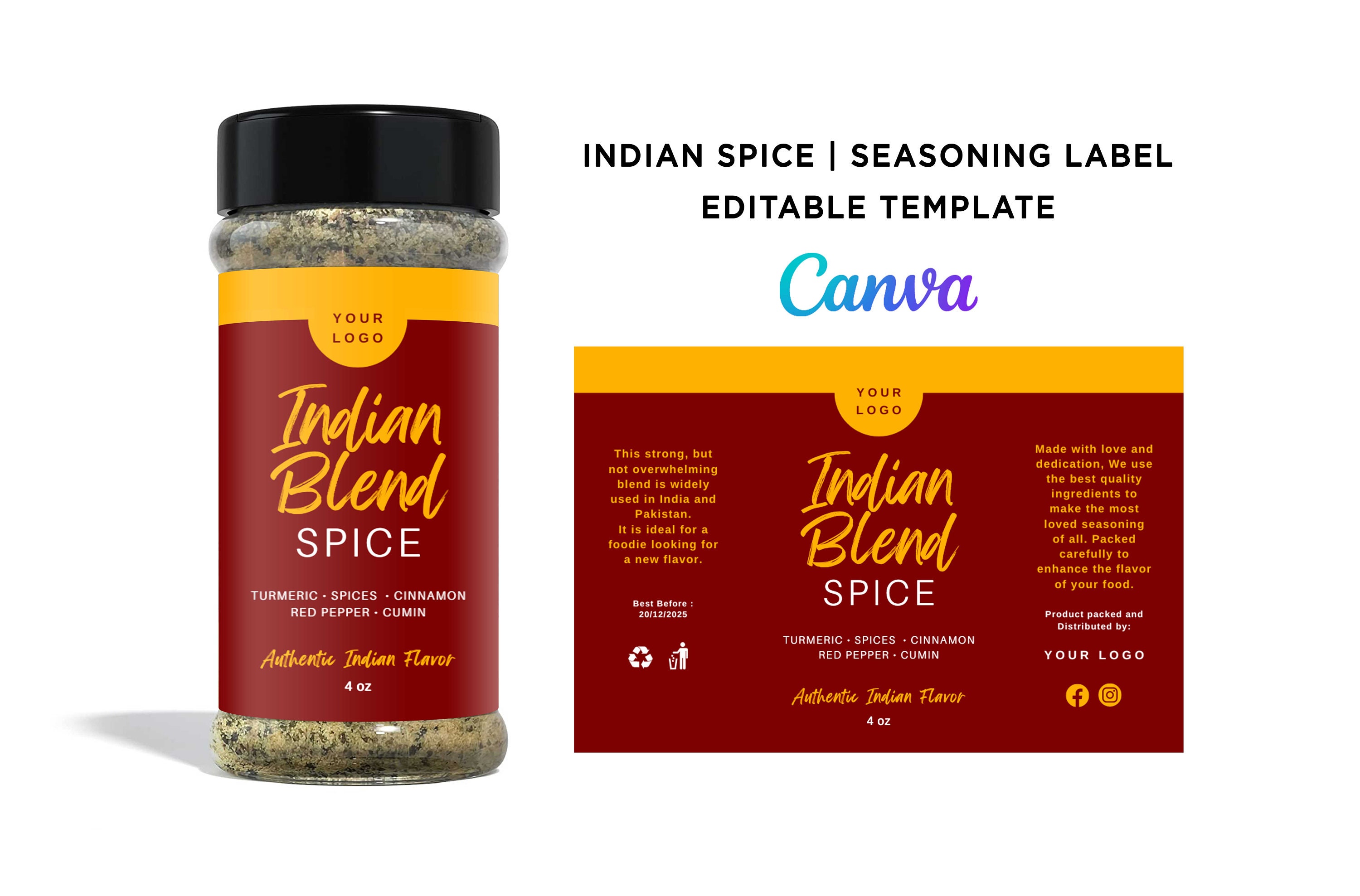 Printable Indian Blend Spice Wrap Label, Indian Seasoning Label, 4oz ...