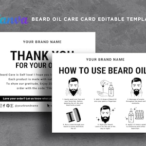 Editable Beard Oil Care Card, Beard Kit Gift Set Card, How to use Beard Oil, Beard Oil Instruction Card, Beard Oil Care Card Template Canva