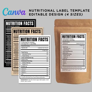 May include: An image showing four nutrition label templates in black, beige, and white, alongside a brown paper bag with a nutrition label. The text reads "NUTRITIONAL LABEL TEMPLATE EDITABLE DESIGN (4 SIZES)" and "NUTRITION FACTS".