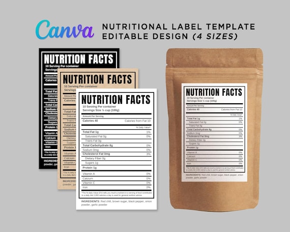 Nutritional Facts Template at Canva, Editable Nutrition Label Design, Custom Food Pouch Packaging, Printable Food Safety Labelling Sticker