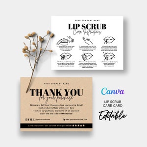 Lip Scrub Instruction Care Cards, How to Use Lip Scrub, Lip Scrub Thank You Cards, Lip Scrub Application Care Card Editable Template Canva