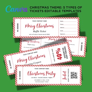 May include: A collection of five Christmas-themed ticket templates with red and white striped borders. The tickets include text such as "Merry Christmas," "Raffle Ticket," and "Christmas Party." The templates are designed for editing and customization.