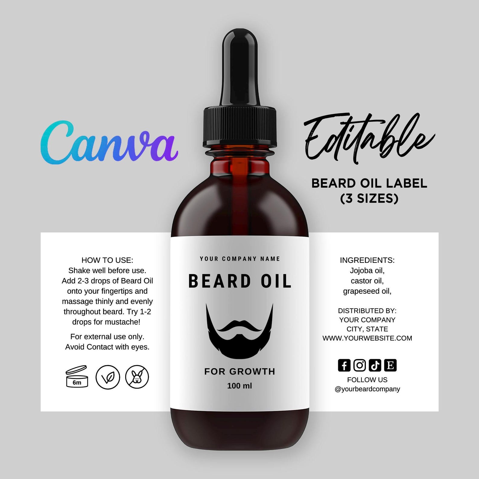 Editable Beard Oil Label Template Canva, Men's Grooming Product Label ...