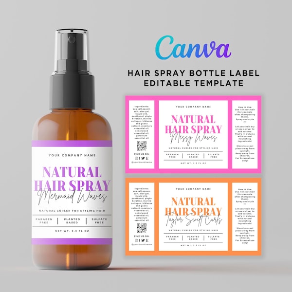 Template for Hair Spray Labels, Hair Spray Bottle Design, Hair Care Spray Sticker Label, Hair Perfume Spray Label Editable Template Canva