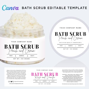 Bath Scrub Wrap Label Designs, Sugar Scrub Labels, Bath Body Scrub Round Stickers, Handmade Bath Scrub Wrap Labels Editable Template Canva