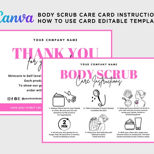 Body Scrub Instruction Card, Bath Scrub Care Instruction Card, How to Use Body Scrub, Thank You Body Scrub Care Card Editable Template Canva