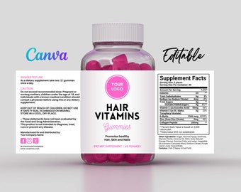 Hair Vitamin Labels, Collagen Gummies Label, Hair Supplement Labels, Pill Bottle Labels, Hair Supplement, Vitamin Template Editable Canva