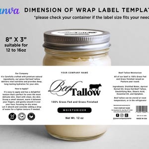 Aesthetic Beef Tallow Moisturizer Wrap Label, Editable Beef Tallow Moisturizer Labels, Grass-Fed Beef Tallow Product Label Template Canva