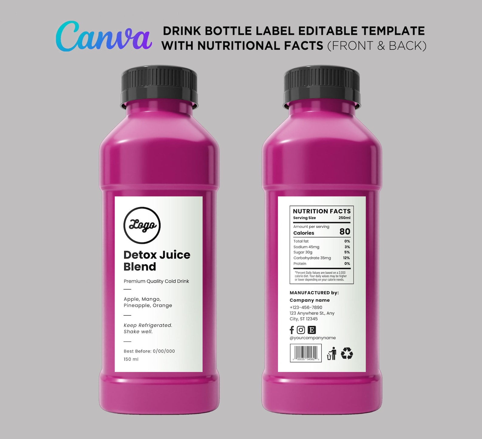 Custom Beverage Bottle Label W/ Nutritional Facts, Drink Label Template ...
