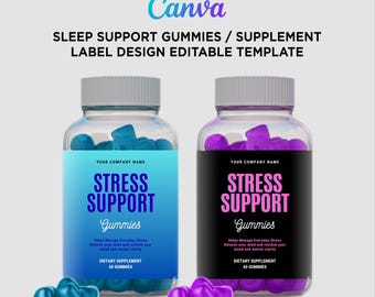 Stress Support Gummies Label Template, Editable Supplement Label Design Canva, Stress Relief Gummy Label Design, Ashwagandha GABA L-Theanine