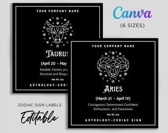 Square Zodiac Sign Labels, Zodiac Sign Candle Label, Astrology Candles, Horoscope Labels, Birth Zodiac Sign Symbol Template Editable Canva