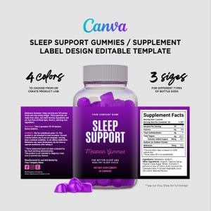Customizable sleep support supplement label template for Canva with nutrition facts and multiple sizes.